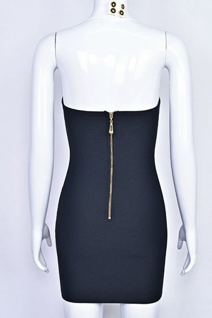 Classic Black Square Neck Halter Button Front Pocket Bandage Mini Dress