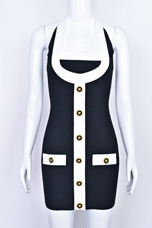 Classic Black Square Neck Halter Button Front Pocket Bandage Mini Dress