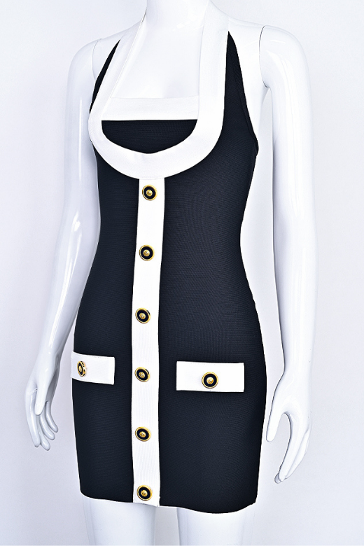 Classic Black Square Neck Halter Button Front Pocket Bandage Mini Dress