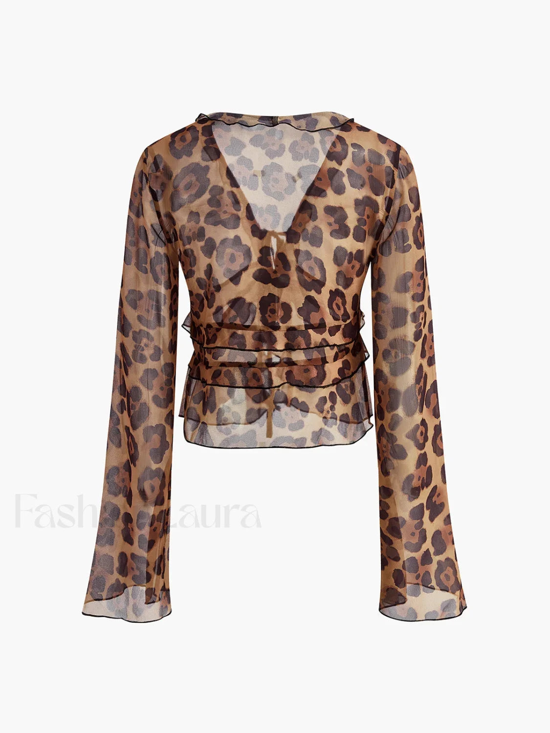 Leopard Print Semi-Sheer Ruffle V-Neck Blouse