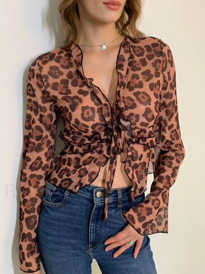 Leopard Print Semi-Sheer Ruffle V-Neck Blouse
