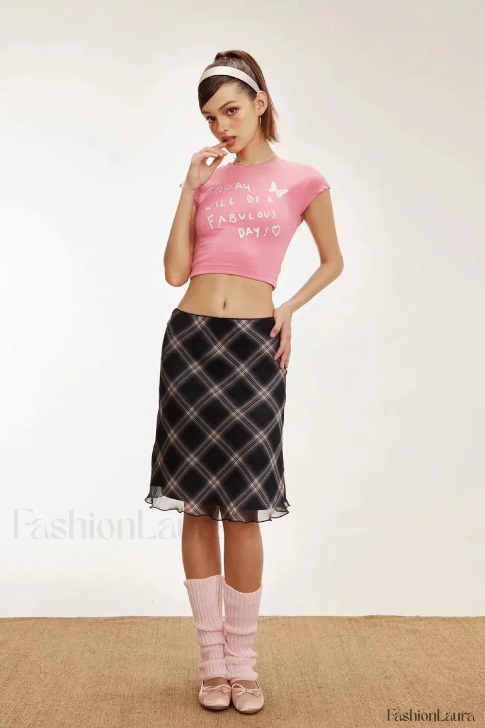 Lettuce-Edge Mesh Plaid Skirt