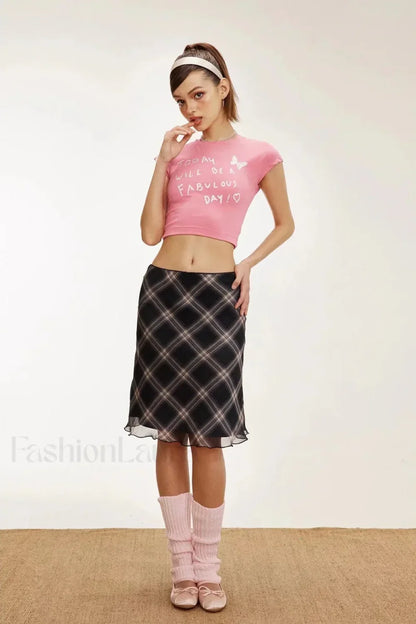 Lettuce-Edge Mesh Plaid Skirt