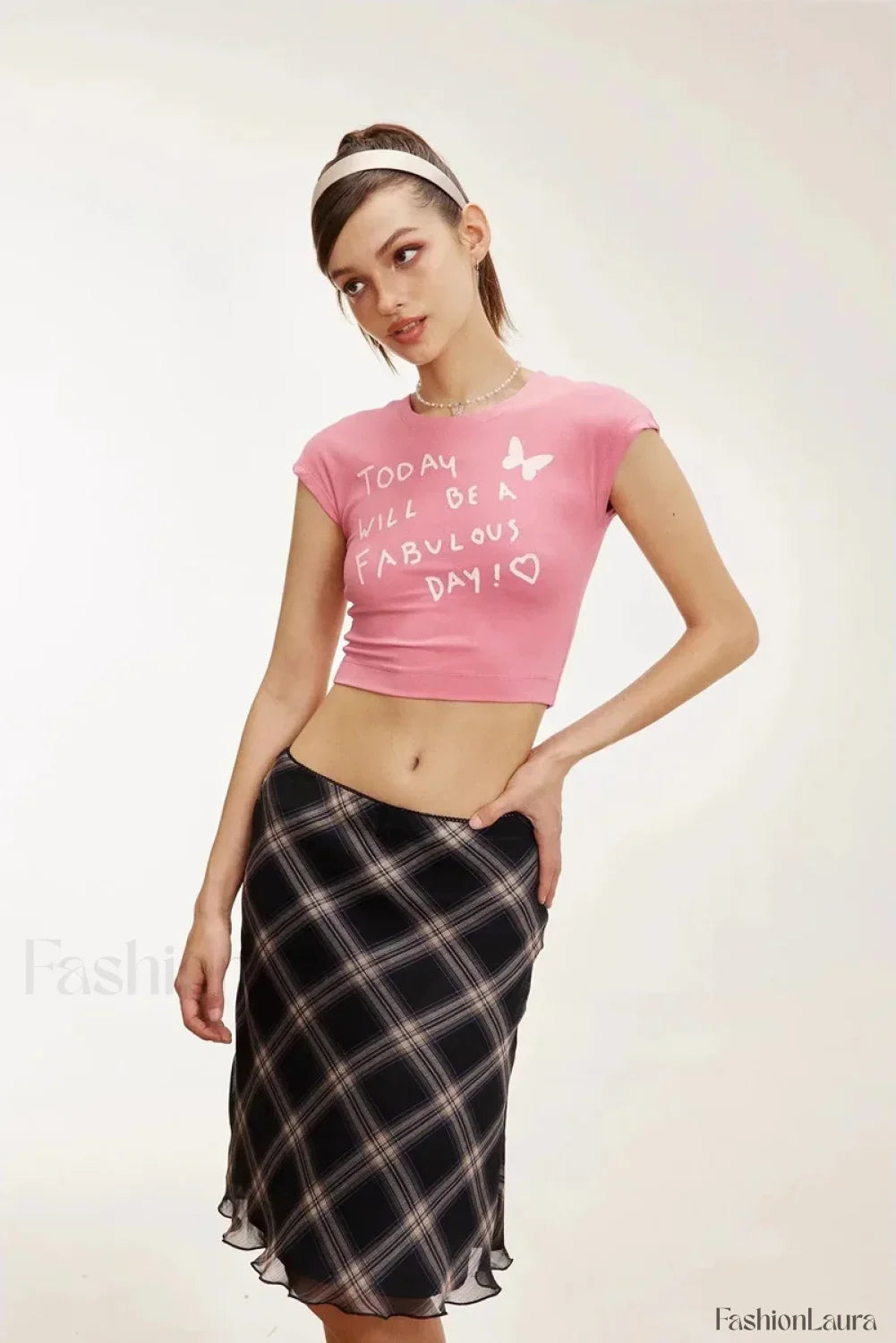 Lettuce-Edge Mesh Plaid Skirt