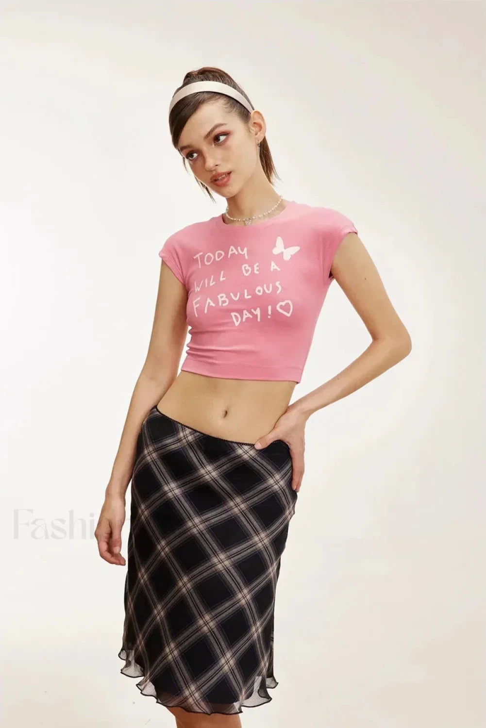 Lettuce-Edge Mesh Plaid Skirt