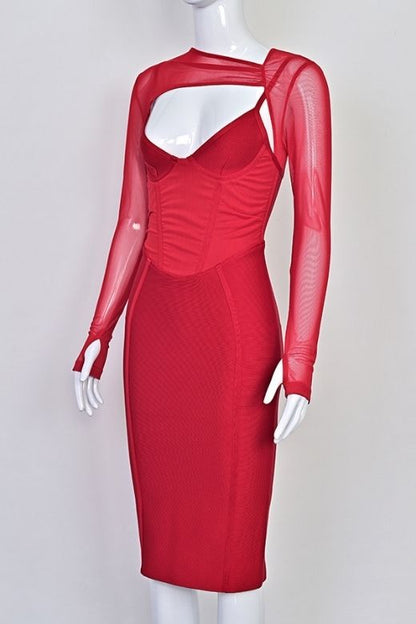 Lipstick Red Mesh Long Sleeve Sweetheart Corset Cut Out Bandage Midi Dress