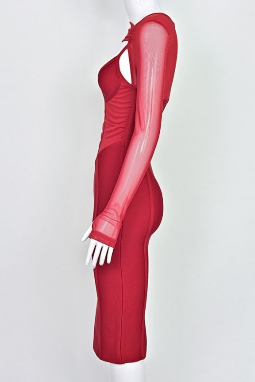 Lipstick Red Mesh Long Sleeve Sweetheart Corset Cut Out Bandage Midi Dress