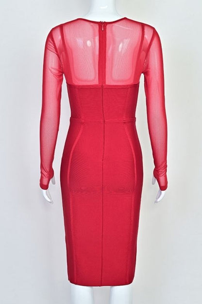 Lipstick Red Mesh Long Sleeve Sweetheart Corset Cut Out Bandage Midi Dress