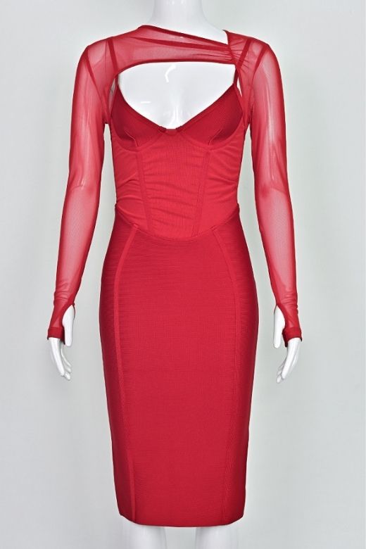 Lipstick Red Mesh Long Sleeve Sweetheart Corset Cut Out Bandage Midi Dress