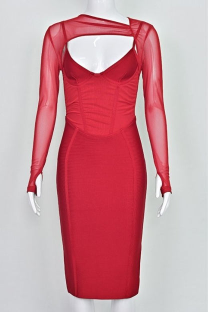 Lipstick Red Mesh Long Sleeve Sweetheart Corset Cut Out Bandage Midi Dress