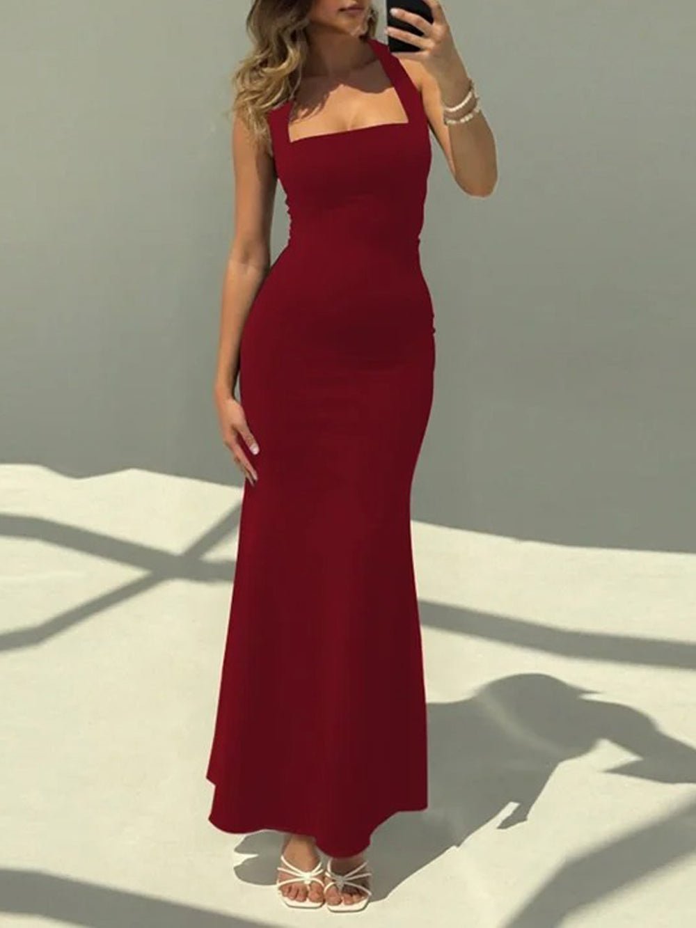 Square Neck Wide Strap Mermaid Hem Maxi Dress