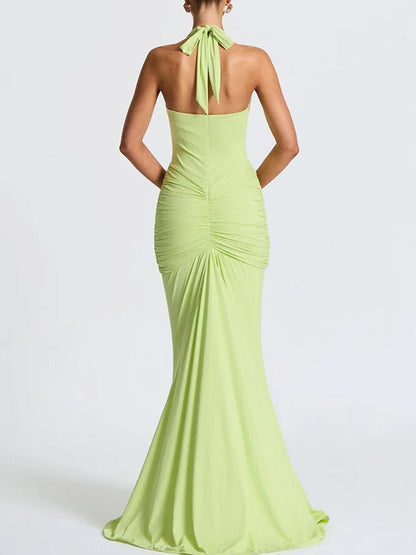 Green Ruched Halter Neck Deep V-Neck Mermaid Maxi Dress