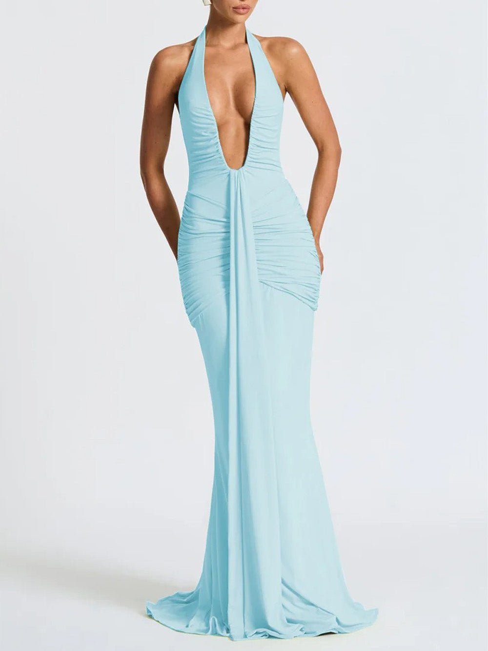 Blue Ruched Halter Neck Deep V-Neck Mermaid Maxi Dress