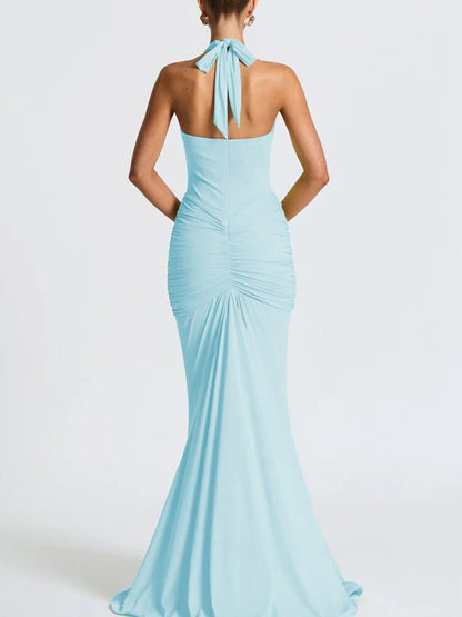Blue Ruched Halter Neck Deep V-Neck Mermaid Maxi Dress