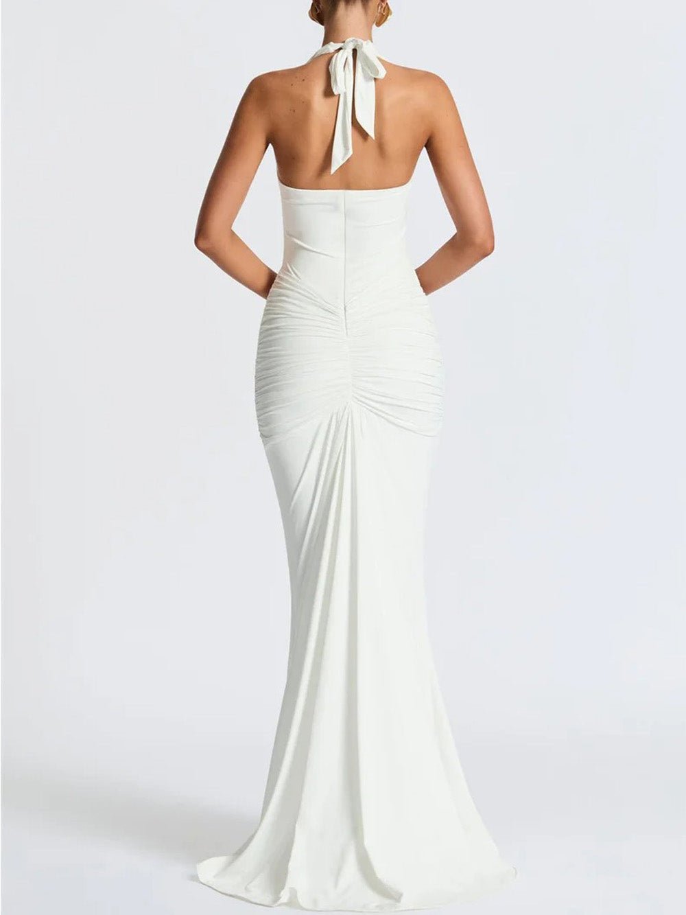 White Ruched Halter Neck Deep V-Neck Mermaid Maxi Dress