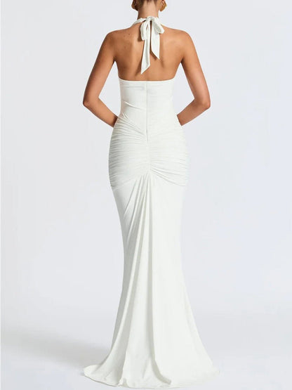 White Ruched Halter Neck Deep V-Neck Mermaid Maxi Dress
