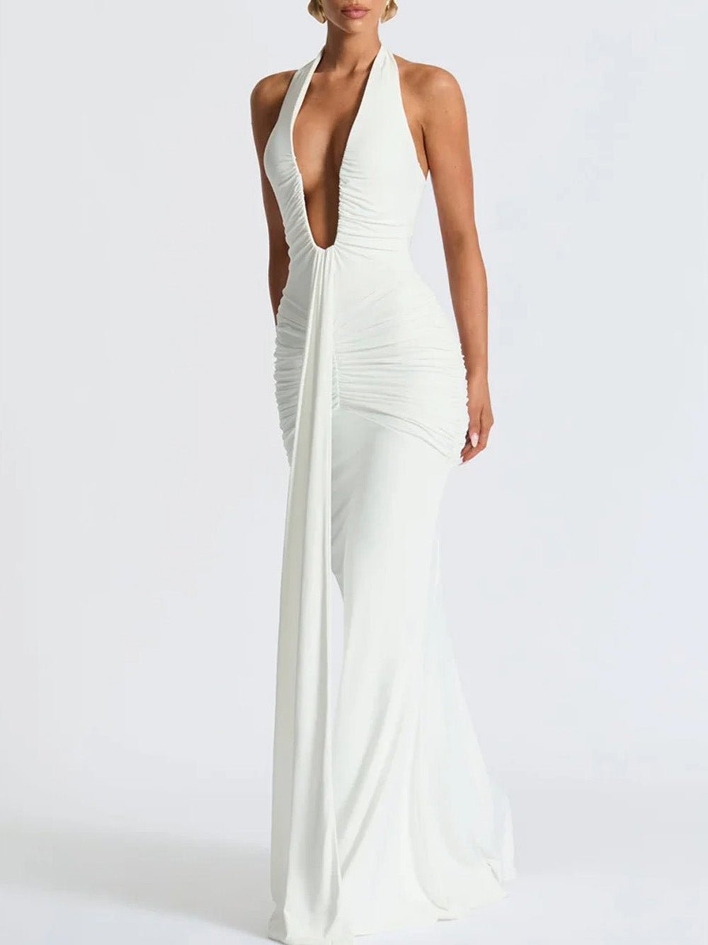 White Ruched Halter Neck Deep V-Neck Mermaid Maxi Dress