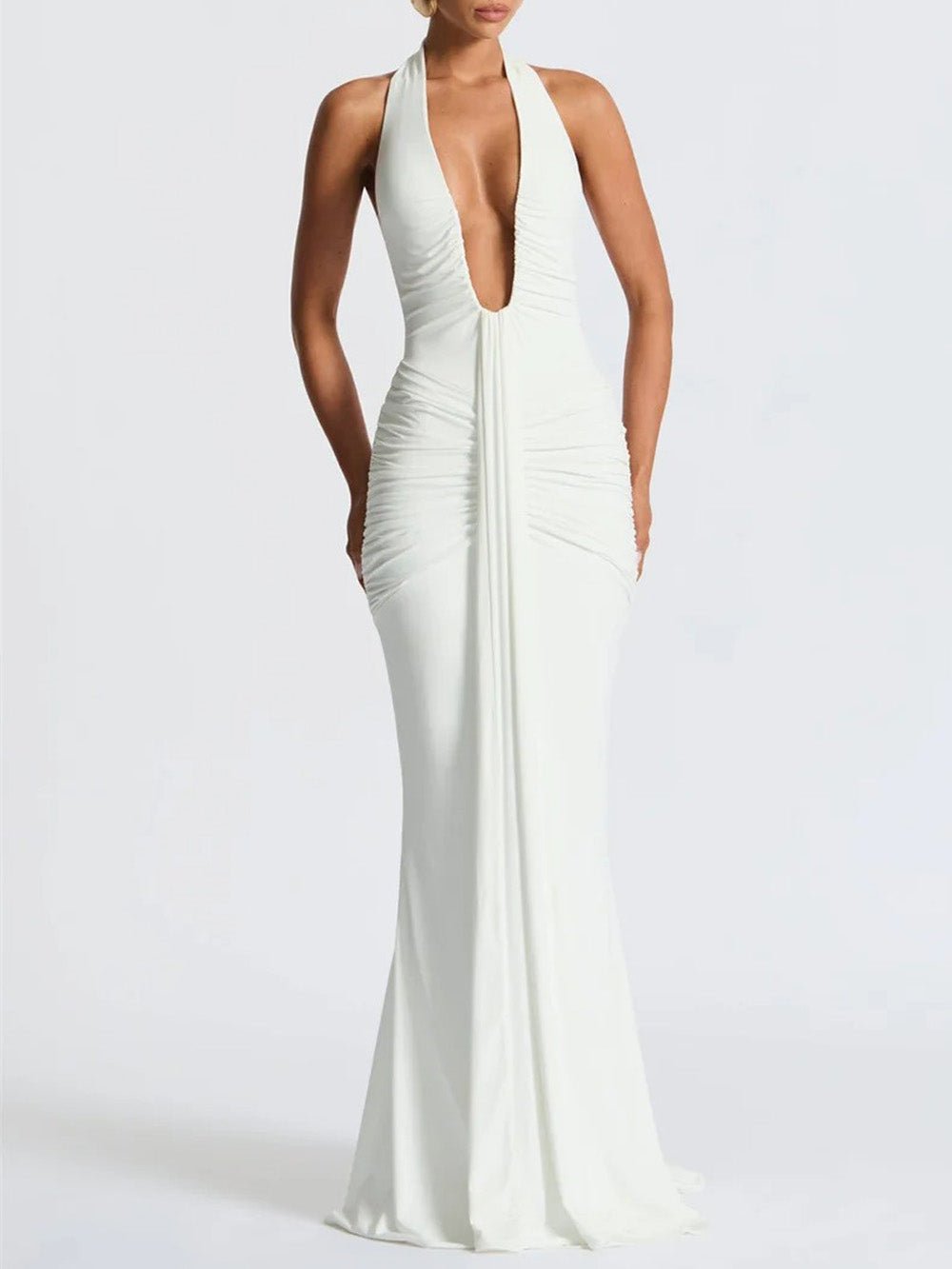 White Ruched Halter Neck Deep V-Neck Mermaid Maxi Dress