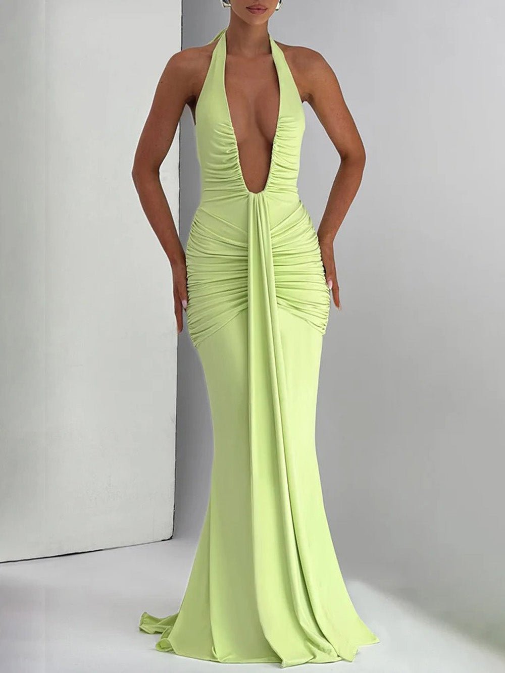 Green Ruched Halter Neck Deep V-Neck Mermaid Maxi Dress