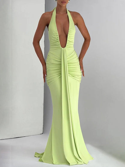 Green Ruched Halter Neck Deep V-Neck Mermaid Maxi Dress