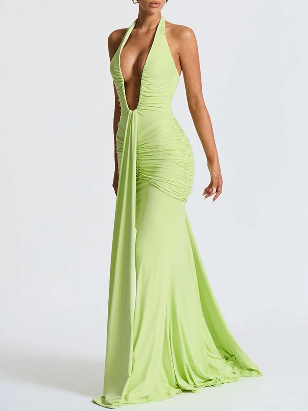 Green Ruched Halter Neck Deep V-Neck Mermaid Maxi Dress