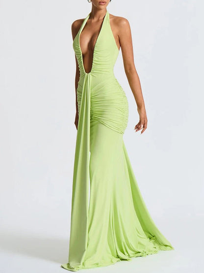 Green Ruched Halter Neck Deep V-Neck Mermaid Maxi Dress
