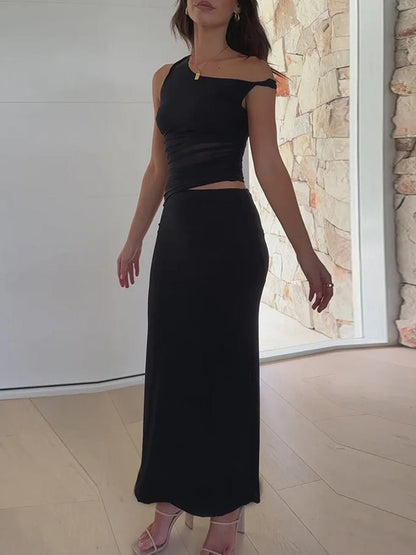 One Shoulder Ruched Crop Top Bodycon Maxi Skirt Two Piece Set