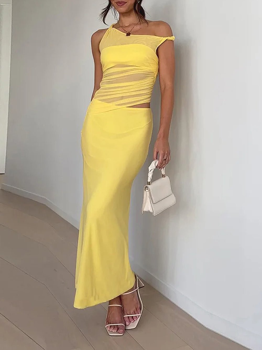One Shoulder Ruched Crop Top Bodycon Maxi Skirt Two Piece Set