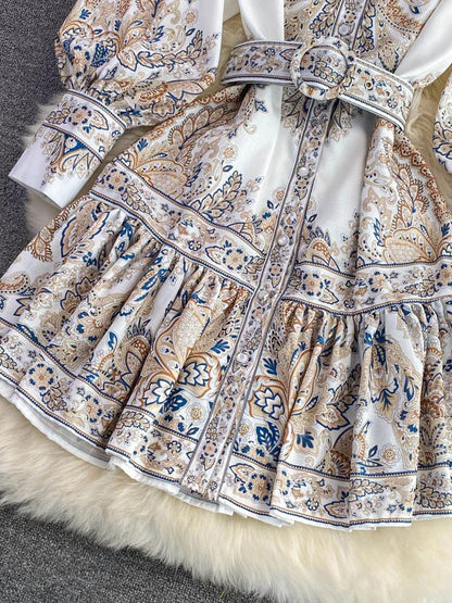 Paisley Print Mock Neck Button Front Belted Ruffle Hem Midi Dress