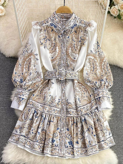 Paisley Print Mock Neck Button Front Belted Ruffle Hem Midi Dress