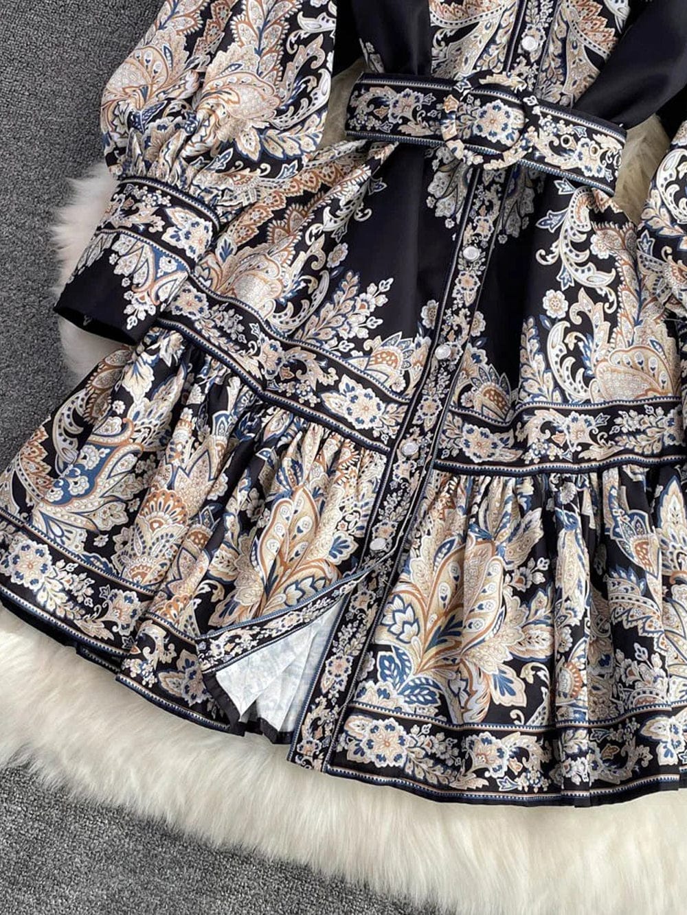 Paisley Print Mock Neck Button Front Belted Ruffle Hem Midi Dress