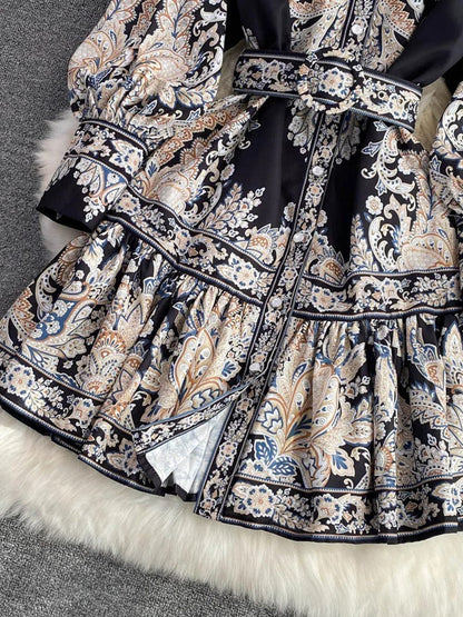 Paisley Print Mock Neck Button Front Belted Ruffle Hem Midi Dress