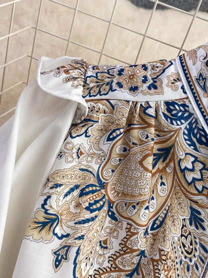 Paisley Print Mock Neck Button Front Belted Ruffle Hem Midi Dress