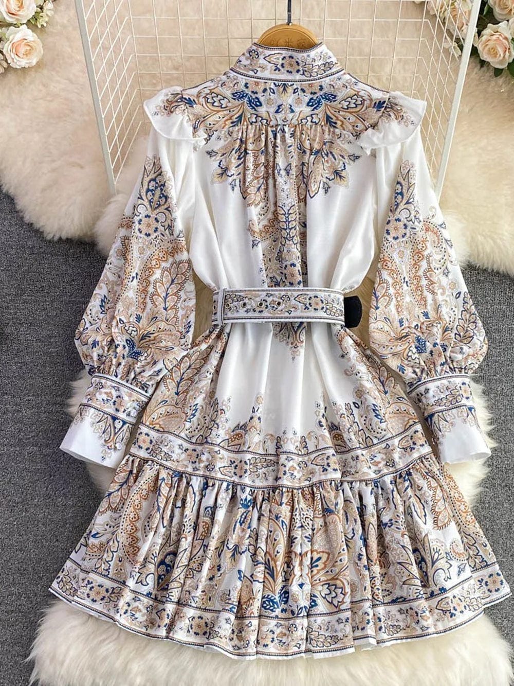 Paisley Print Mock Neck Button Front Belted Ruffle Hem Midi Dress