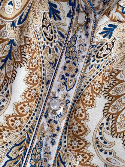 Paisley Print Mock Neck Button Front Belted Ruffle Hem Midi Dress