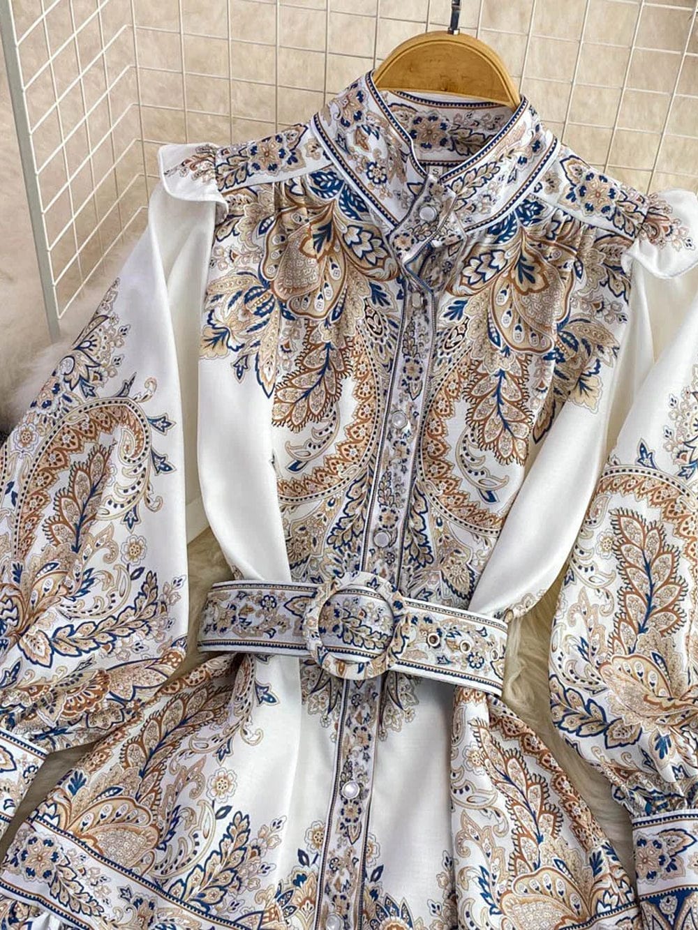 Paisley Print Mock Neck Button Front Belted Ruffle Hem Midi Dress