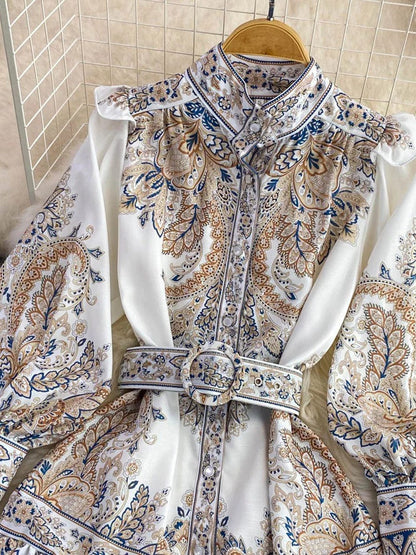 Paisley Print Mock Neck Button Front Belted Ruffle Hem Midi Dress