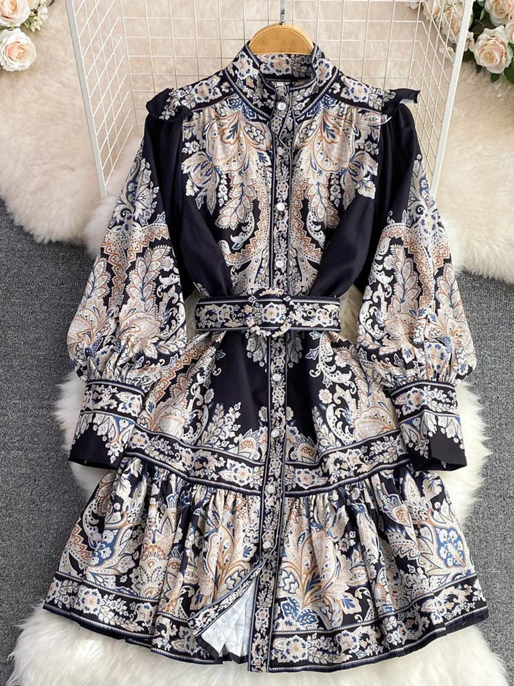 Paisley Print Mock Neck Button Front Belted Ruffle Hem Midi Dress