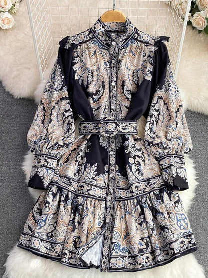 Paisley Print Mock Neck Button Front Belted Ruffle Hem Midi Dress