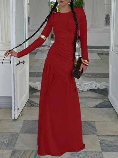 Long Sleeve Ruched Drop Waist Pleated Flowy Maxi Dress