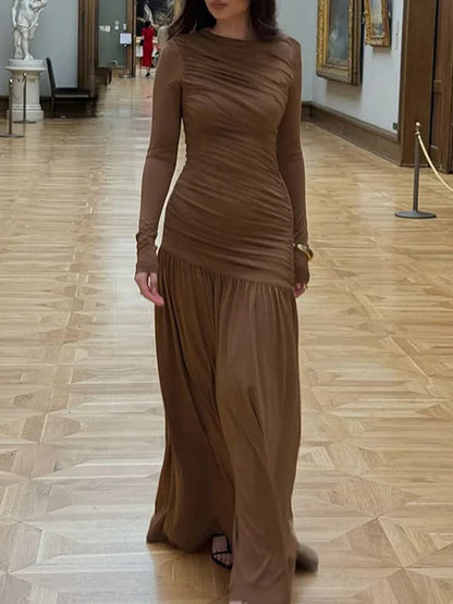 Long Sleeve Ruched Drop Waist Pleated Flowy Maxi Dress
