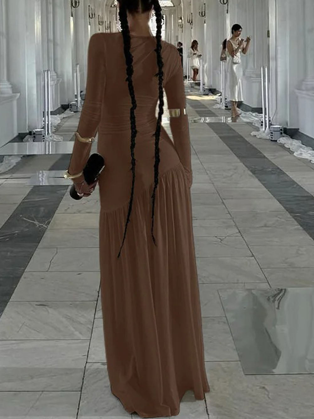 Long Sleeve Ruched Drop Waist Pleated Flowy Maxi Dress