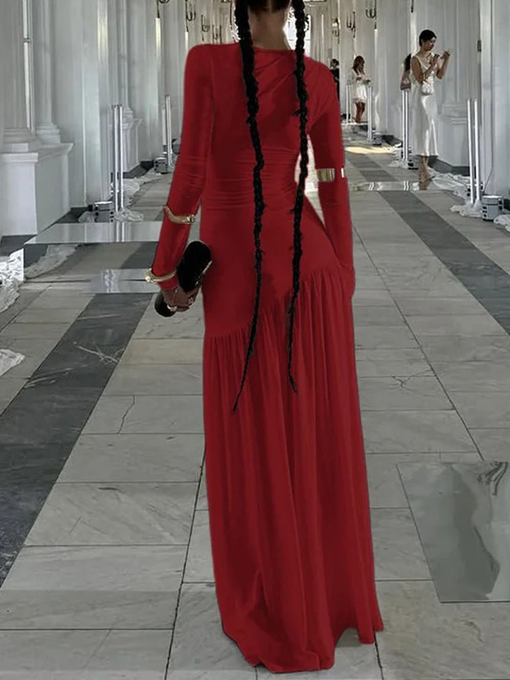 Long Sleeve Ruched Drop Waist Pleated Flowy Maxi Dress