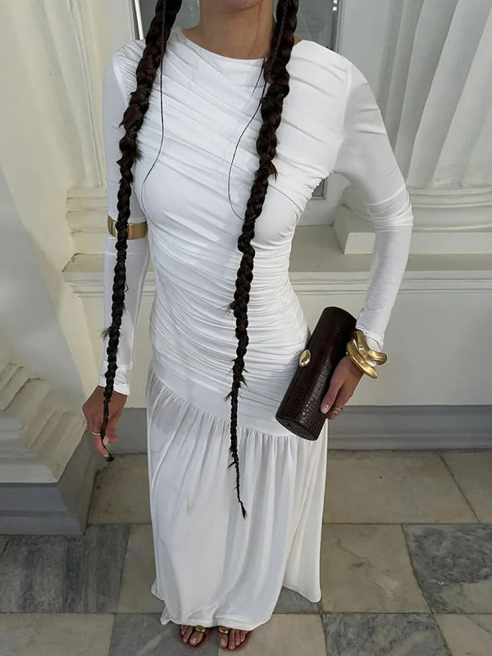 Long Sleeve Ruched Drop Waist Pleated Flowy Maxi Dress