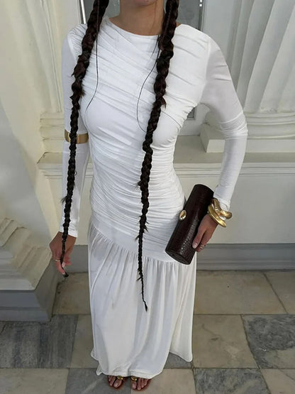 Long Sleeve Ruched Drop Waist Pleated Flowy Maxi Dress