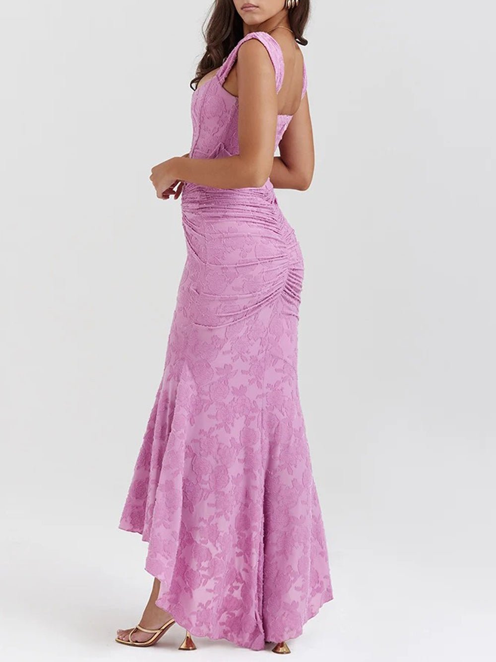 Purple Corset One Shoulder Jacquard Ruched High Low Mermaid Gown