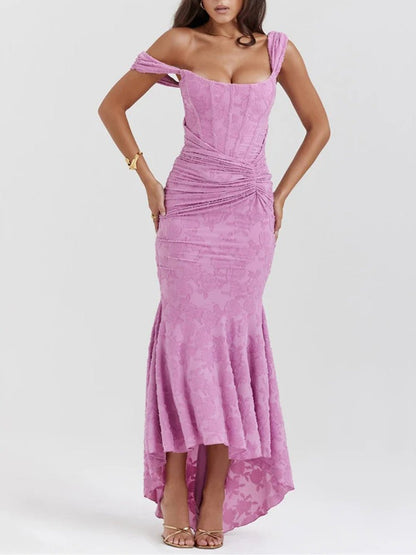 Purple Corset One Shoulder Jacquard Ruched High Low Mermaid Gown