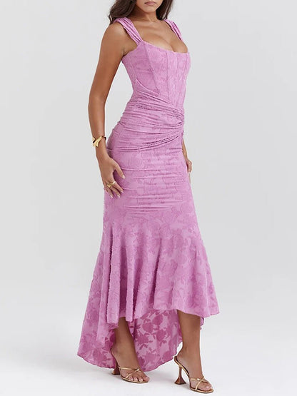 Purple Corset One Shoulder Jacquard Ruched High Low Mermaid Gown