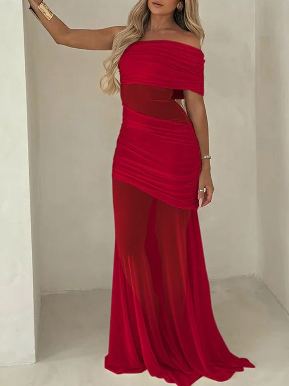 Asymmetric Neckline Ruched Mesh Waist Bodycon Maxi Dress