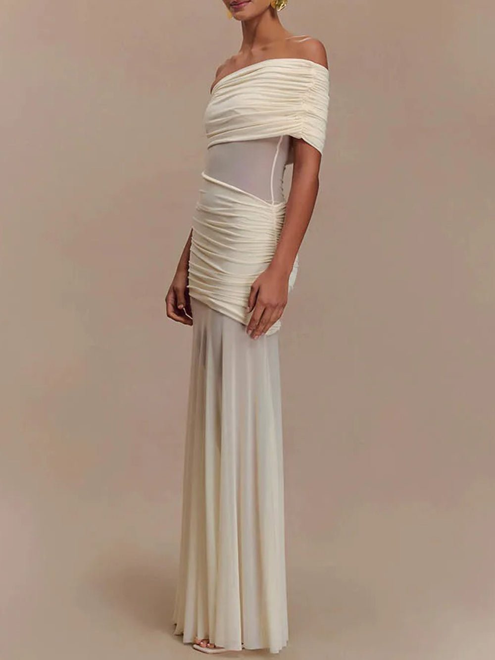Asymmetric Neckline Ruched Mesh Waist Bodycon Maxi Dress
